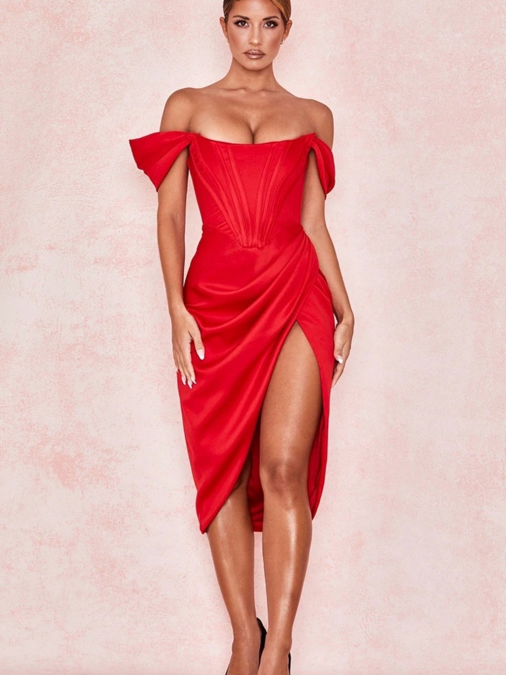 NWOT House of CB Red One-Shoulder Corset Midi Dress with Thigh Slit